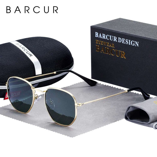BARCUR Classic Retro Reflective Sunglasses Man Hexagon Sunglasses Metal Frame Eyewear Sun Glasses With Box Oculos De Sol gafas
