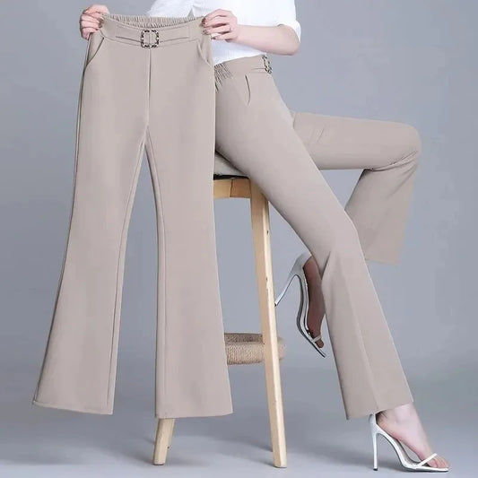 Big Size 4xl Bell-bottomed Trousers Office Elastic High Waist Flare Pants Women Spring Fall Candy Color Slim Formal Pantalones
