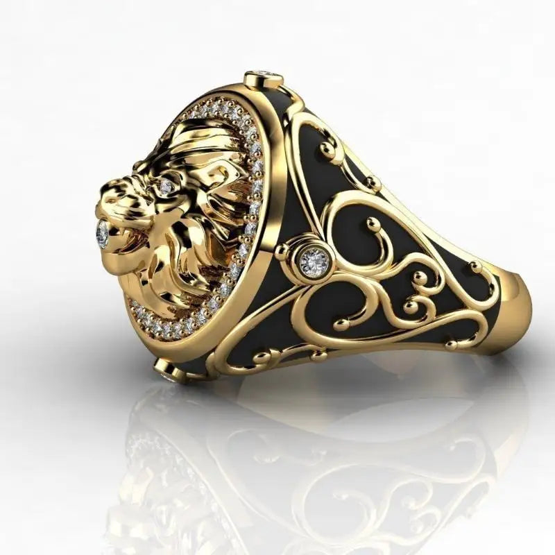 18K Gold  Color Full Diamond Zircon Lion Ring for Men's Wedding Punk Style Engagement Ring for Men's