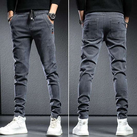 Autumn winter 2022 elastic waist thicken fleece jeans for men Slim fit small feet Korean fashion casual pants for men Long pants