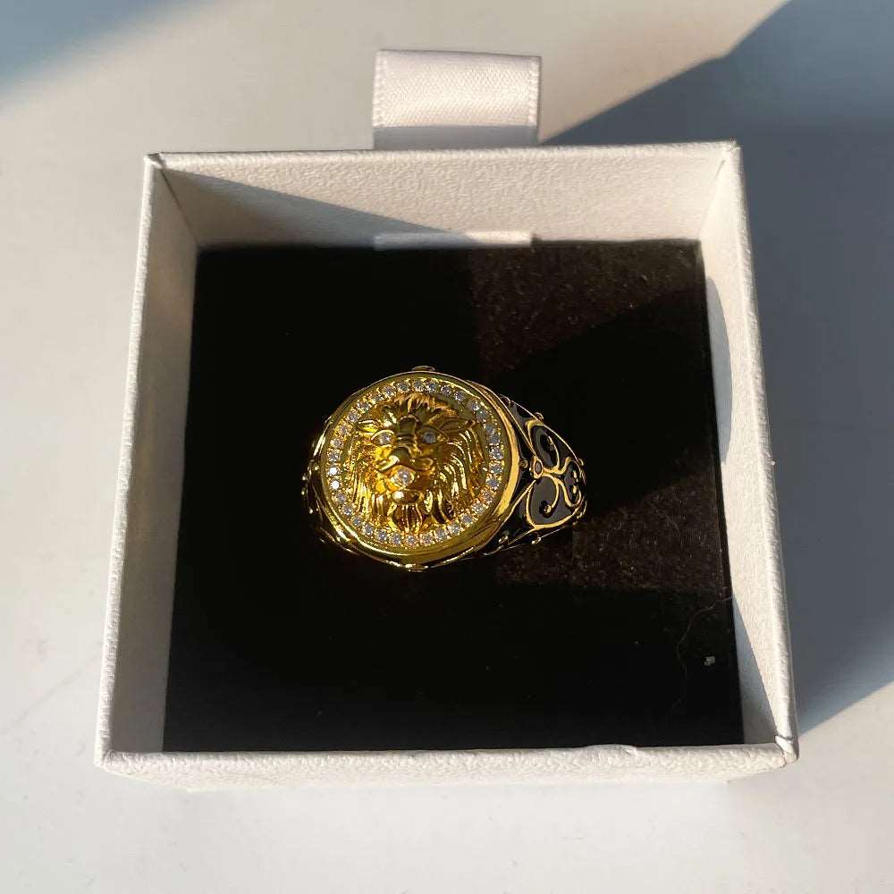 18K Gold  Color Full Diamond Zircon Lion Ring for Men's Wedding Punk Style Engagement Ring for Men's