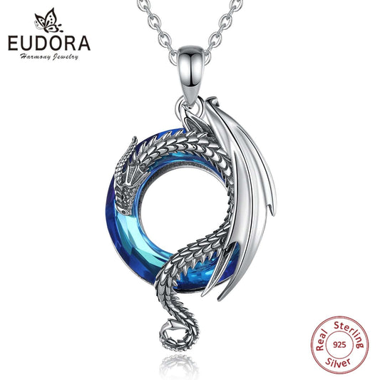 Eudora Real 925 Sterling Silver Dragon Neckalce for Women Luxury Austrian Crystal Cool Dragon Pendants Necklaces Trendy Jewelry